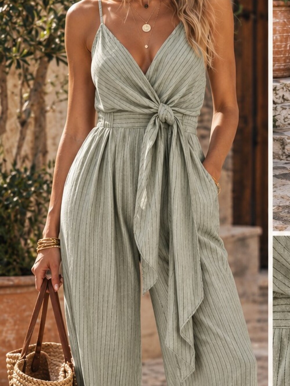 SELFIE LESLIE Effortless Striped Light Moss Tie Front Wide Leg Jumper Jumpsuit